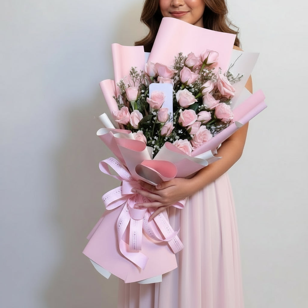 Bouquet of pink roses wrapped in pink paper with a bow on a light gray background