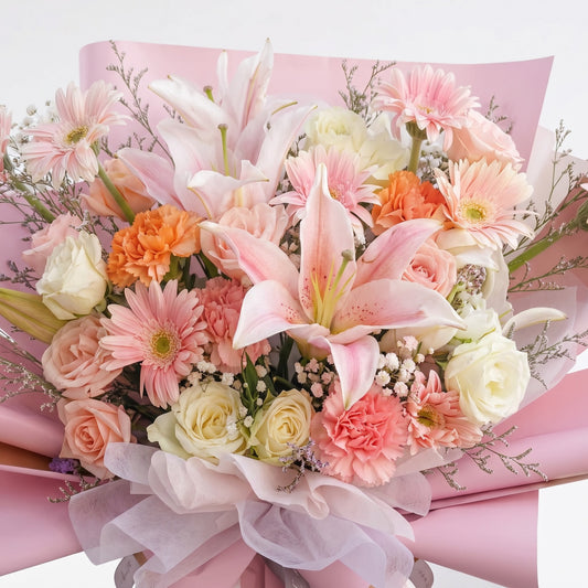 The Flowercart Enchanté Bloom bouquet featuring pink lilies, roses, gerberas, and carnations in pink wrapping paper.
