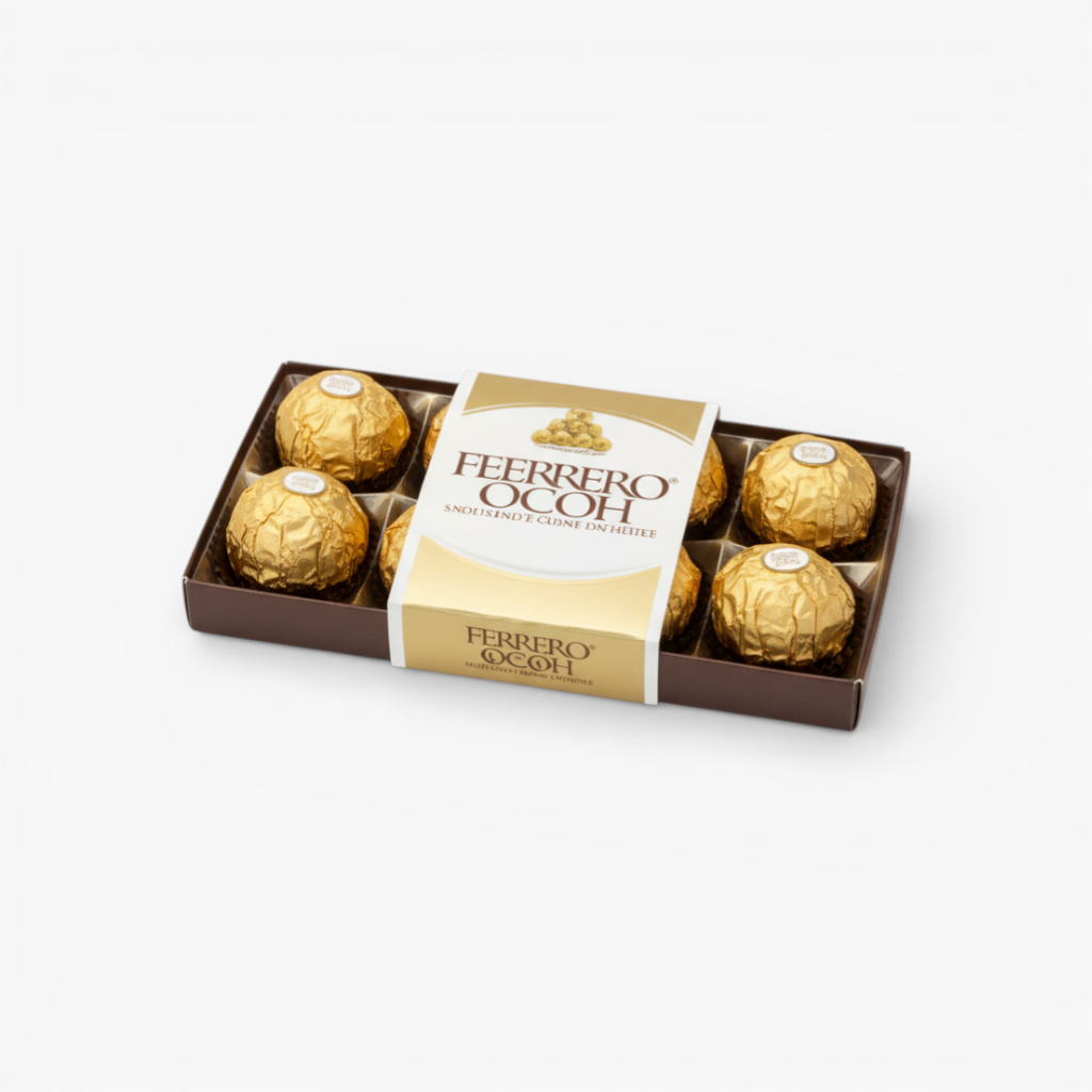 The Flowercart Ferrero Rocher 8 piece box of chocolates with hazelnut and milk chocolate.