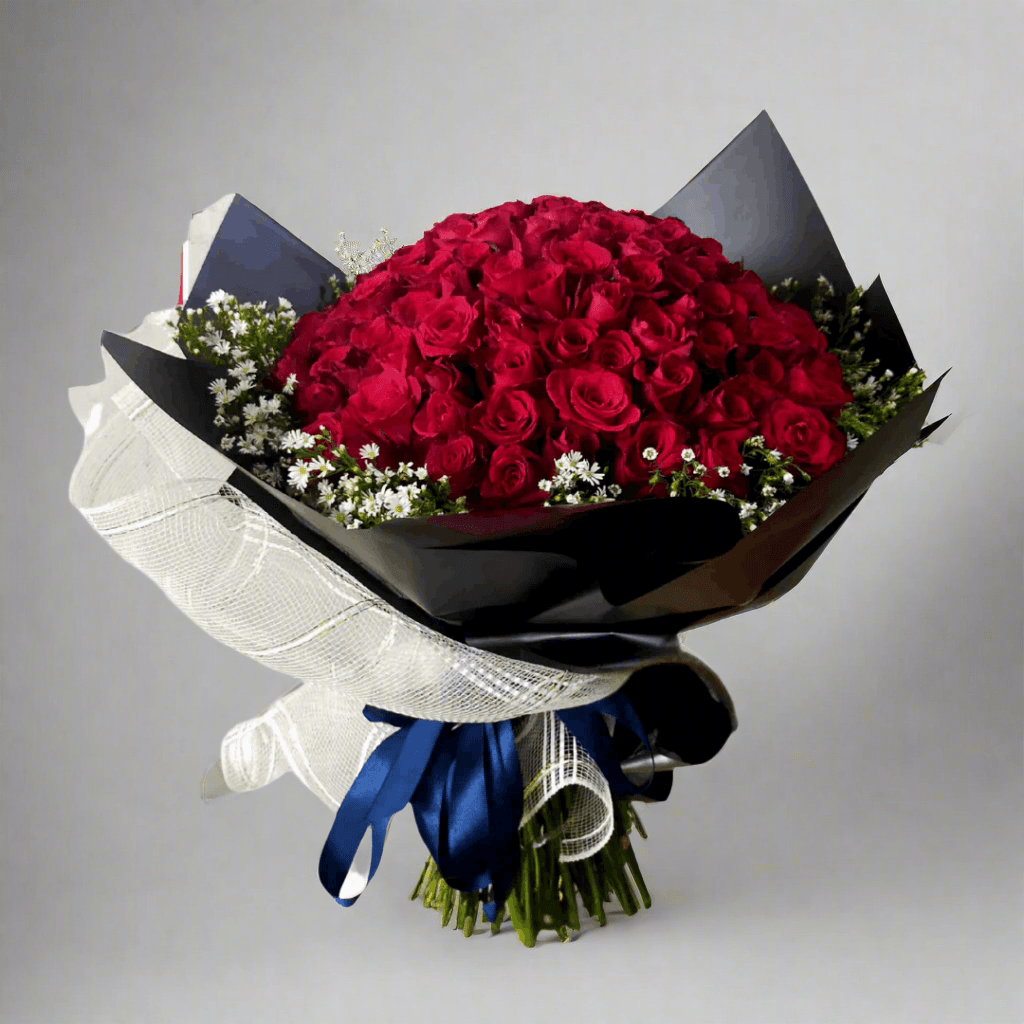 Bouquet of red roses wrapped in black paper with blue ribbons on a white background