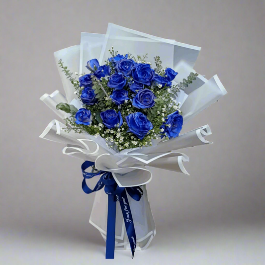 Bouquet of blue roses, with a white wrap