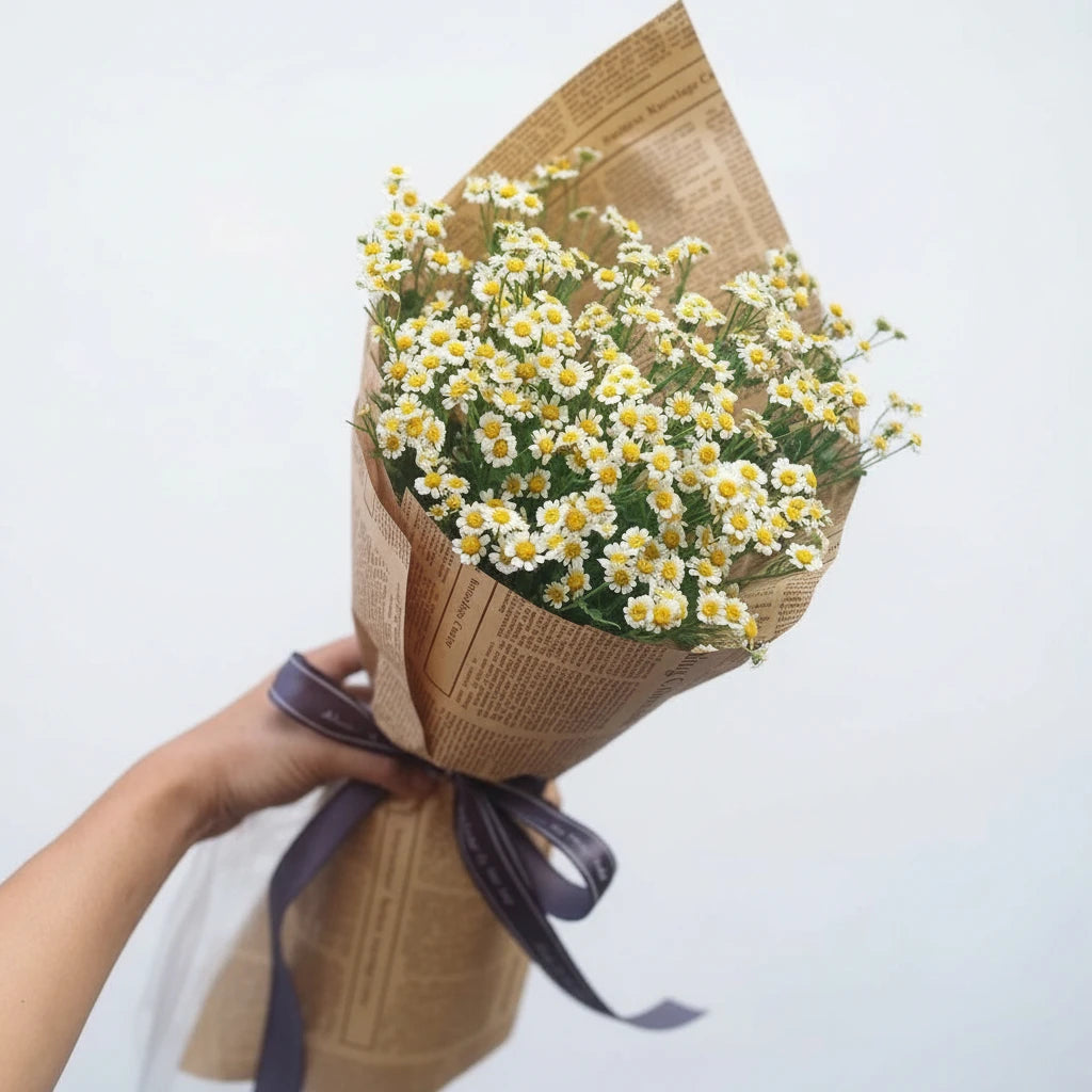 Bouquet of white flowers wrapped in brown paper with a purple ribbon, held against a light gray background.