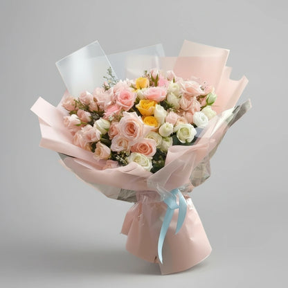 Bouquet of flowers wrapped in pink paper with a light gray background