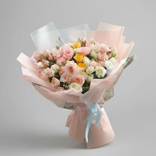 Bouquet of flowers wrapped in pink paper with a light gray background