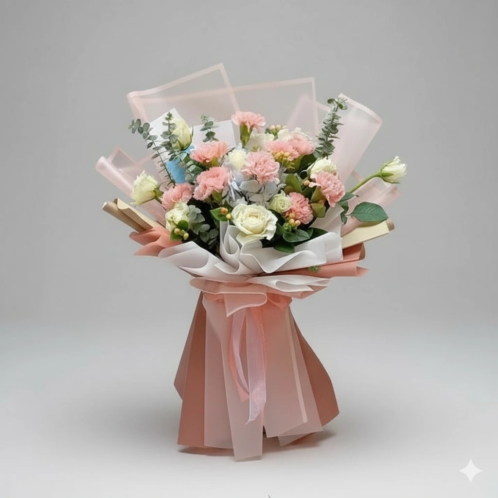 Bouquet of flowers wrapped in pink paper on a gray background