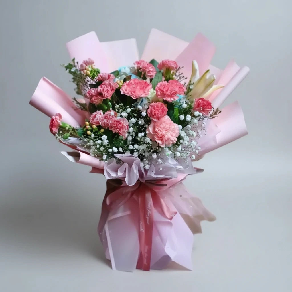 Bouquet of pink flowers wrapped in white paper with a pink ribbon on a white background