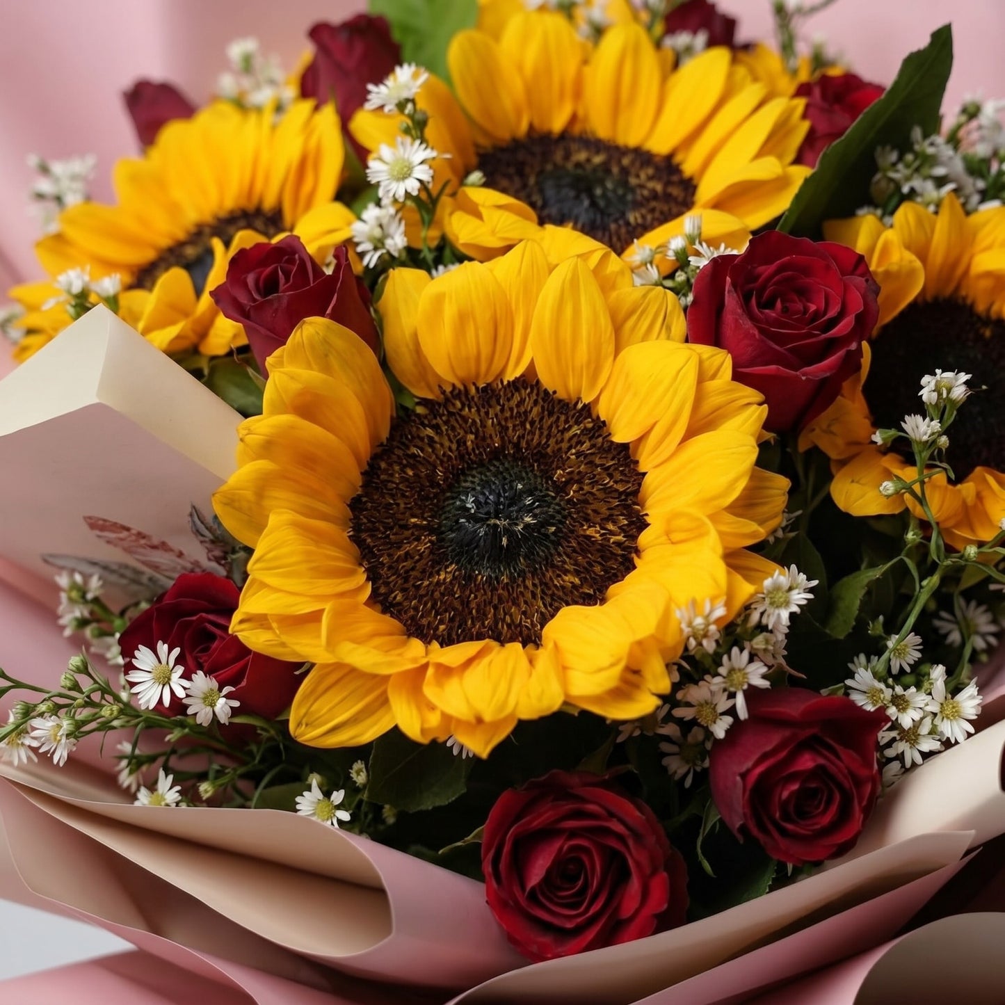 The Flowercart bouquet featuring bright yellow sunflowers and deep red roses with white filler flowers in pink wrapping.