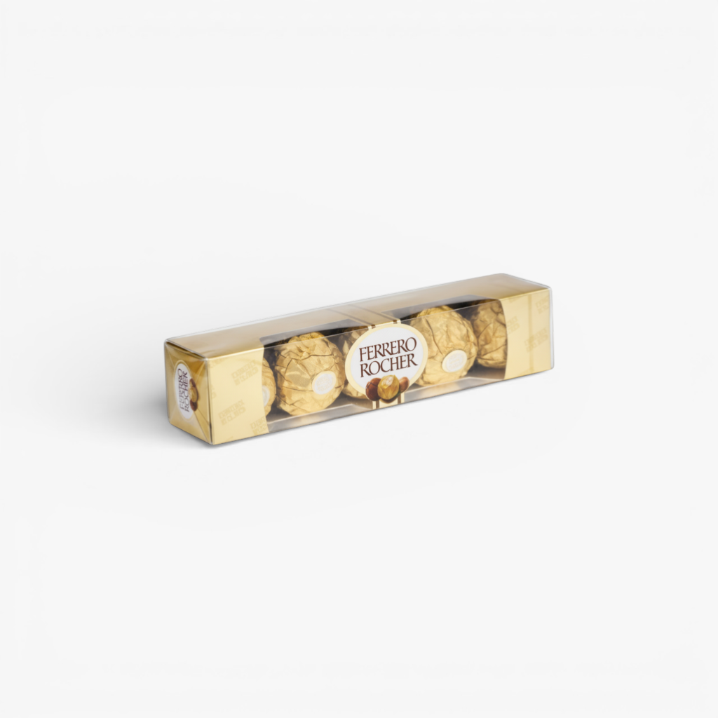 The Flowercart 5-piece box of Ferrero Rocher chocolates with gold foil wrappers and hazelnut detail.