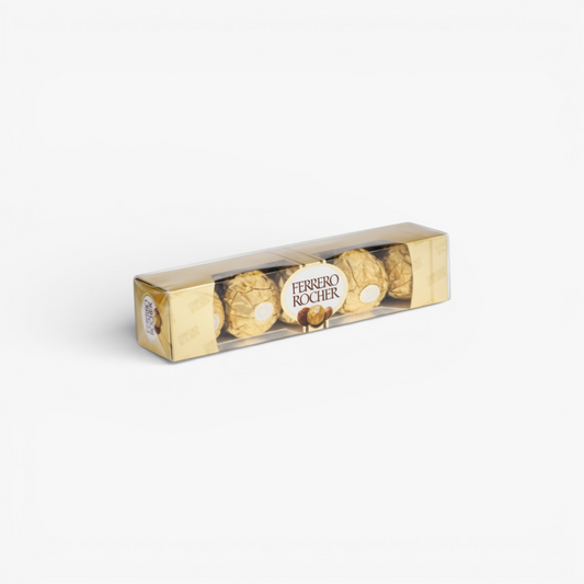 The Flowercart 5-piece box of Ferrero Rocher chocolates with gold foil wrappers and hazelnut detail.