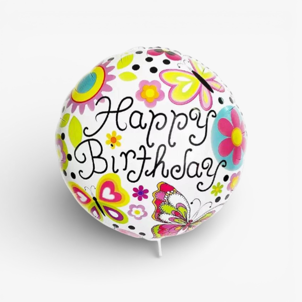 The Flowercart Happy Birthday balloon with colourful butterflies and flowers design.