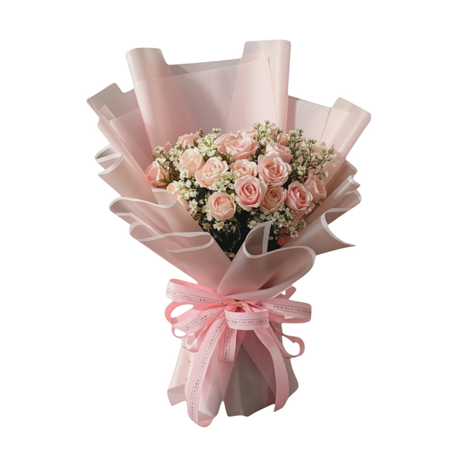 The Flowercart's California Dreaming bouquet: 24 soft pink roses with baby's breath, wrapped in pink paper and tied with a pink ribbon.